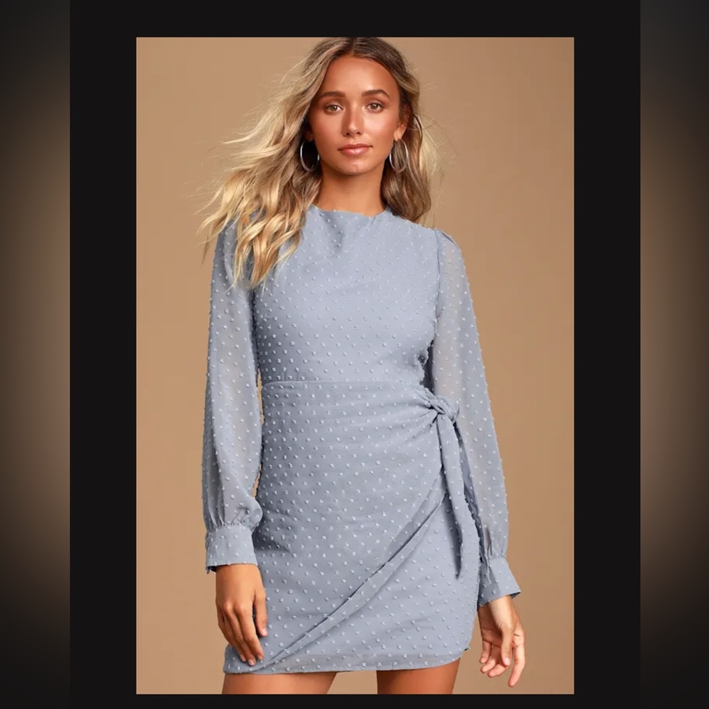 Lulus Much Love Light Blue Swiss Dot Long Sleeve Tie-front Mini Dress - Size XS - Picture 2 of 3